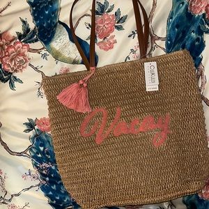 “Vacay” Pink and Tan Soft Straw Tote